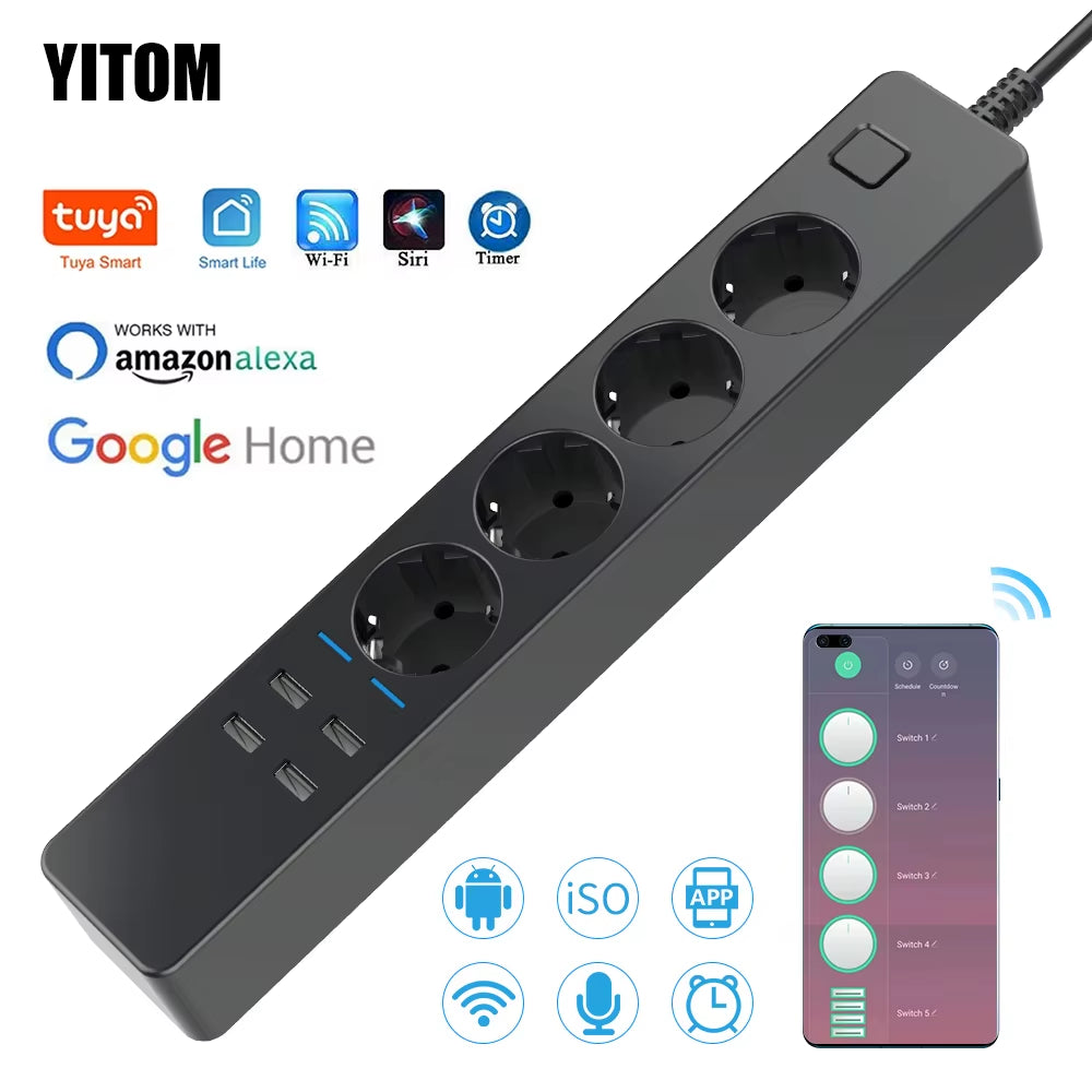 Smart Power Strip Wifi 4 EU Outlets Plug 4 USB Charging Port Timing App Voice Control Work with Alexa Google Home Assistant