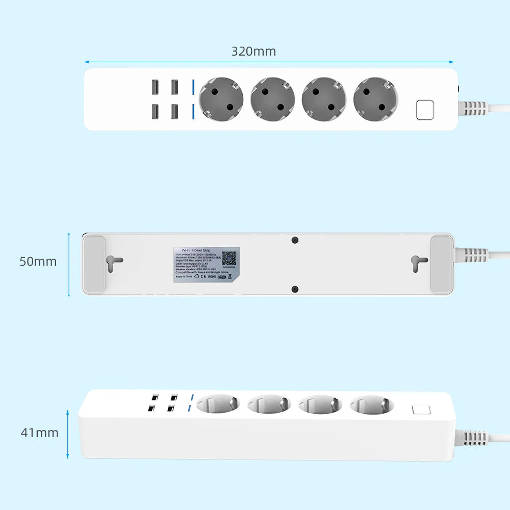 Smart Power Strip Wifi 4 EU Outlets Plug 4 USB Charging Port Timing App Voice Control Work with Alexa Google Home Assistant