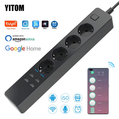 Smart Power Strip Wifi 4 EU Outlets Plug 4 USB Charging Port Timing App Voice Control Work with Alexa Google Home Assistant