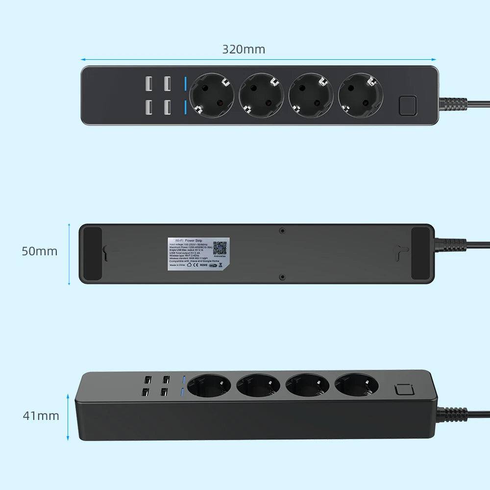 Smart Power Strip Wifi 4 EU Outlets Plug 4 USB Charging Port Timing App Voice Control Work with Alexa Google Home Assistant