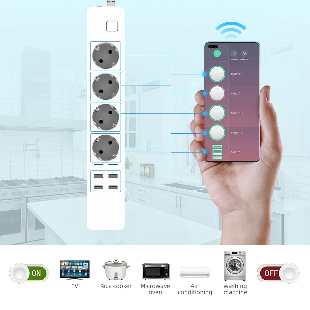 Smart Power Strip Wifi 4 EU Outlets Plug 4 USB Charging Port Timing App Voice Control Work with Alexa Google Home Assistant