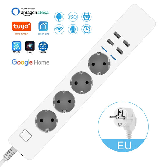 Smart Power Strip Wifi 4 EU Outlets Plug 4 USB Charging Port Timing App Voice Control Work with Alexa Google Home Assistant
