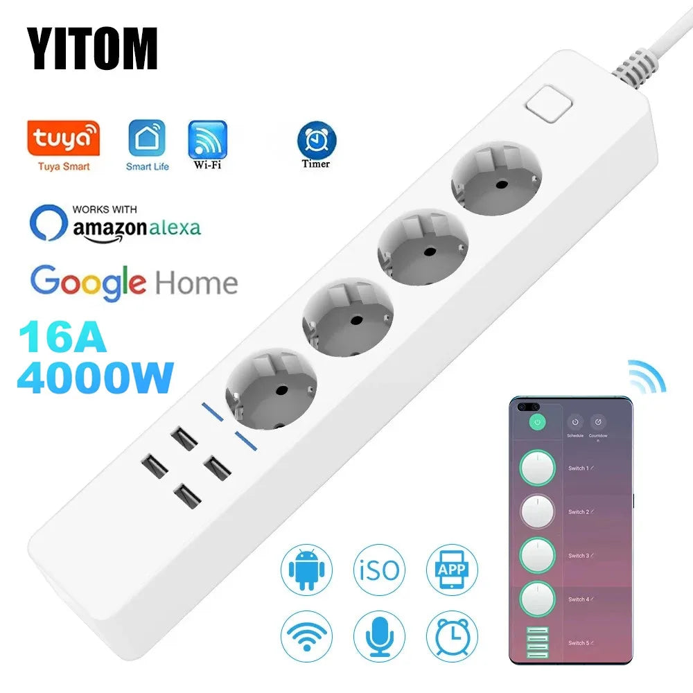 Smart Power Strip Wifi 4 EU Outlets Plug 4 USB Charging Port Timing App Voice Control Work with Alexa Google Home Assistant