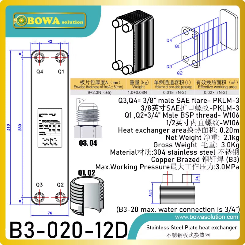 3.0Mpa Copper Brazed Stainless Steel Plate Heat Exchanger for 5KW Heating Transfer between Water and Water